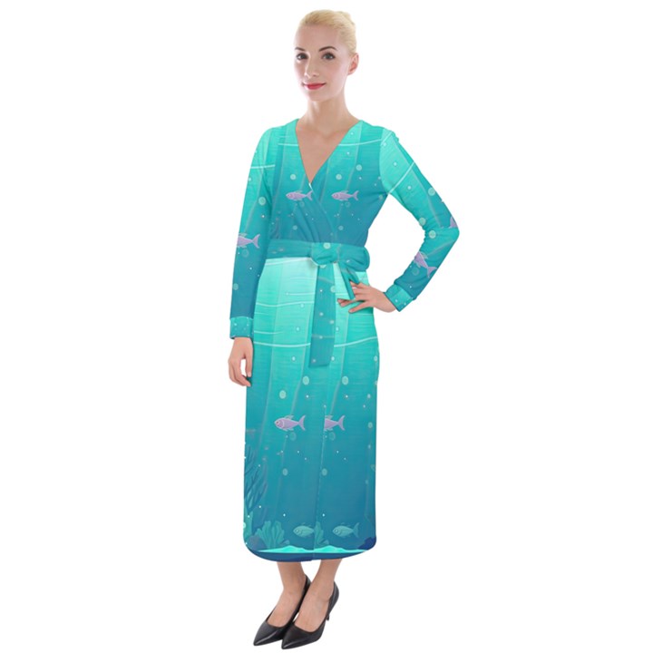 Ai Generated Ocean Sea Fish Aquatic Water Nature 3 Velvet Maxi Wrap Dress