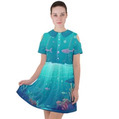 Ai Generated Ocean Sea Fish Aquatic Water Nature 3 Short Sleeve Shoulder Cut Out Dress  by Pakemis