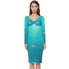 Ai Generated Ocean Sea Fish Aquatic Water Nature 3 Long Sleeve V-neck Bodycon Dress  by Pakemis