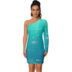 Ai Generated Ocean Sea Fish Aquatic Water Nature 3 Long Sleeve One Shoulder Mini Dress by Pakemis