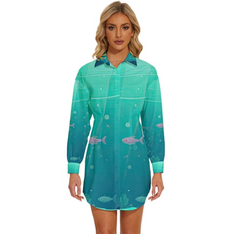 Ai Generated Ocean Sea Fish Aquatic Water Nature 3 Womens Long Sleeve Shirt Dress by Pakemis