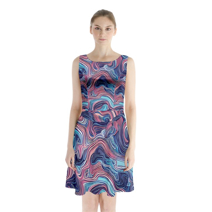 Fluid Art Pattern Sleeveless Waist Tie Chiffon Dress