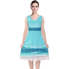 Ai Generated Ocean Waves Sea Water Anime V-neck Midi Sleeveless Dress  by Pakemis