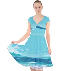 Ai Generated Ocean Waves Sea Water Anime Cap Sleeve Front Wrap Midi Dress by Pakemis