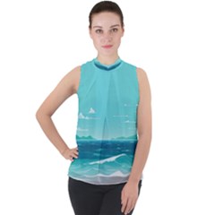 Ai Generated Ocean Waves Sea Water Anime Mock Neck Chiffon Sleeveless Top by Pakemis