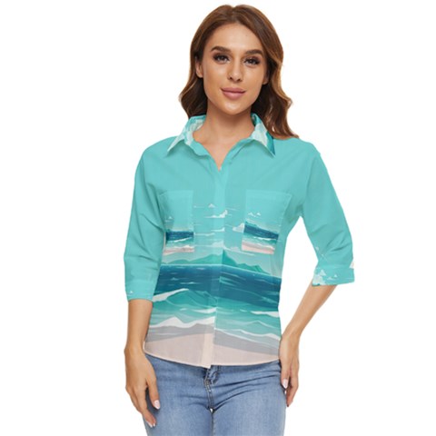 Ai Generated Ocean Waves Sea Water Anime Women s Quarter Sleeve Pocket Shirt by Pakemis