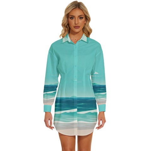 Ai Generated Ocean Waves Sea Water Anime Womens Long Sleeve Shirt Dress by Pakemis