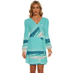 Ai Generated Ocean Waves Sea Water Anime Long Sleeve Waist Tie Ruffle Velvet Dress by Pakemis