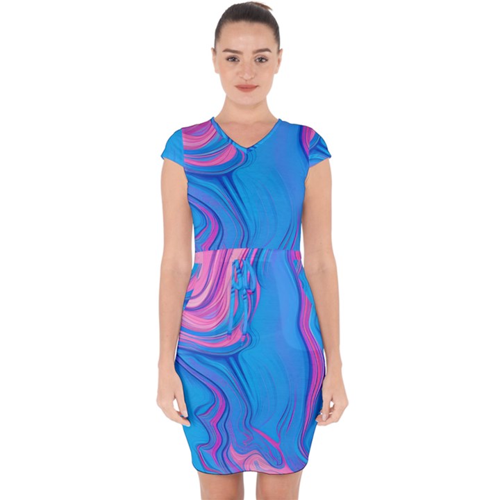 Liquid Background Pattern Capsleeve Drawstring Dress 