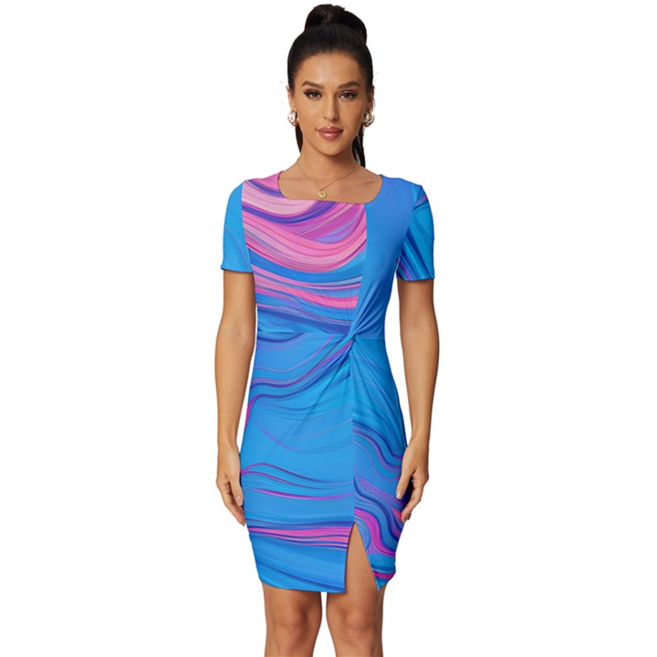 Liquid Background Pattern Fitted Knot Split End Bodycon Dress