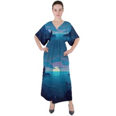 Ai Generated Ocean Sea Water Anime Nautical 2 V-neck Boho Style Maxi Dress by Pakemis