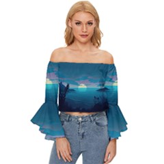 Ai Generated Ocean Sea Water Anime Nautical 2 Off Shoulder Flutter Bell Sleeve Top by Pakemis