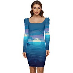 Ai Generated Ocean Sea Water Anime Nautical 2 Women Long Sleeve Ruched Stretch Jersey Dress by Pakemis