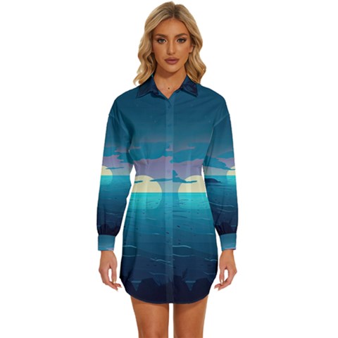 Ai Generated Ocean Sea Water Anime Nautical 2 Womens Long Sleeve Shirt Dress by Pakemis