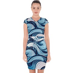 Pattern Ocean Waves Arctic Ocean Blue Nature Sea Capsleeve Drawstring Dress  by Pakemis