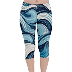 Pattern Ocean Waves Arctic Ocean Blue Nature Sea Velvet Capri Leggings  by Pakemis