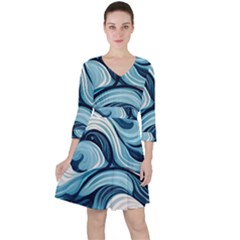 Pattern Ocean Waves Arctic Ocean Blue Nature Sea Quarter Sleeve Ruffle Waist Dress by Pakemis