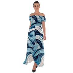 Pattern Ocean Waves Arctic Ocean Blue Nature Sea Off Shoulder Open Front Chiffon Dress by Pakemis