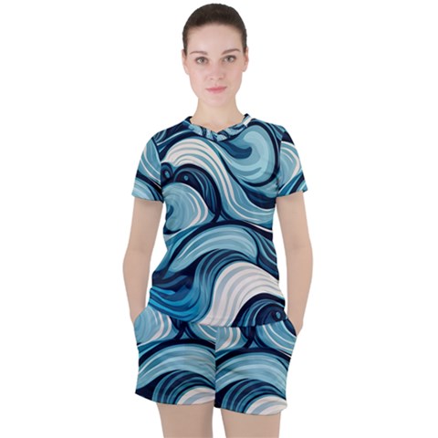 Pattern Ocean Waves Arctic Ocean Blue Nature Sea Women s Tee And Shorts Set by Pakemis