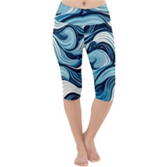 Pattern Ocean Waves Arctic Ocean Blue Nature Sea Lightweight Velour Cropped Yoga Leggings by Pakemis