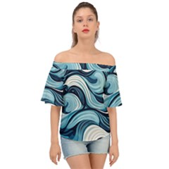 Pattern Ocean Waves Arctic Ocean Blue Nature Sea Off Shoulder Short Sleeve Top by Pakemis