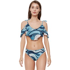 Pattern Ocean Waves Arctic Ocean Blue Nature Sea Ruffle Edge Tie Up Bikini Set	