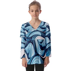 Pattern Ocean Waves Arctic Ocean Blue Nature Sea Kids  V Neck Casual Top by Pakemis