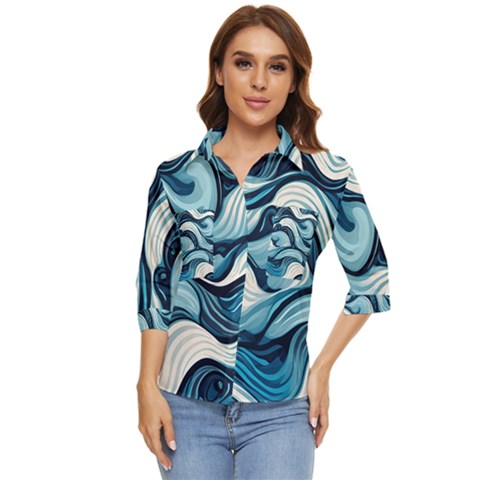 Pattern Ocean Waves Arctic Ocean Blue Nature Sea Women s Quarter Sleeve Pocket Shirt by Pakemis