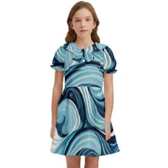 Pattern Ocean Waves Arctic Ocean Blue Nature Sea Kids  Bow Tie Puff Sleeve Dress by Pakemis