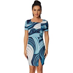 Pattern Ocean Waves Arctic Ocean Blue Nature Sea Fitted Knot Split End Bodycon Dress by Pakemis