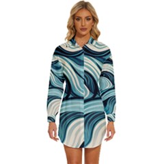 Pattern Ocean Waves Arctic Ocean Blue Nature Sea Womens Long Sleeve Shirt Dress