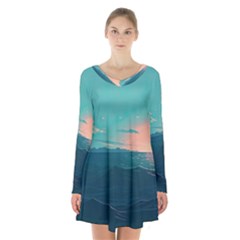 Ai Generated Ocean Sea Water Anime Nautical Long Sleeve Velvet V-neck Dress by Pakemis