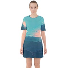 Ai Generated Ocean Sea Water Anime Nautical Sixties Short Sleeve Mini Dress by Pakemis