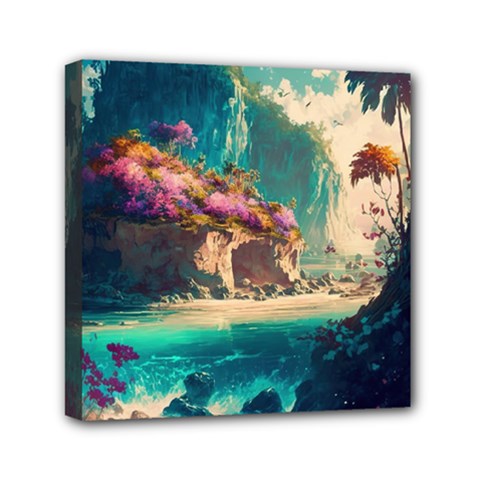 Tropical Island Fantasy Landscape Palm Trees Ocean Mini Canvas 6  X 6  (stretched) by Pakemis