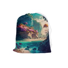 Tropical Island Fantasy Landscape Palm Trees Ocean Drawstring Pouch (large) by Pakemis