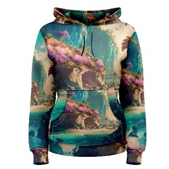 Tropical Island Fantasy Landscape Palm Trees Ocean Women s Pullover Hoodie by Pakemis