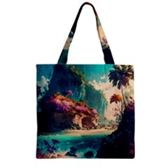 Tropical Island Fantasy Landscape Palm Trees Ocean Zipper Grocery Tote Bag by Pakemis