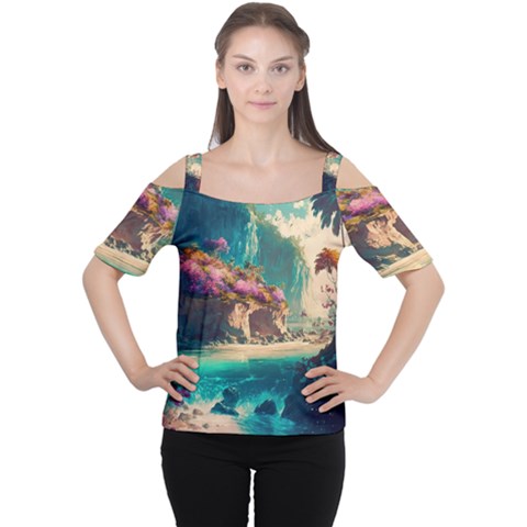 Tropical Island Fantasy Landscape Palm Trees Ocean Cutout Shoulder Tee by Pakemis