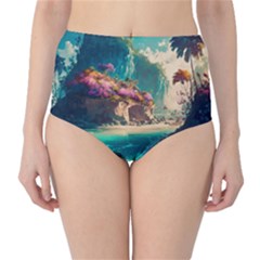 Tropical Island Fantasy Landscape Palm Trees Ocean Classic High-waist Bikini Bottoms by Pakemis