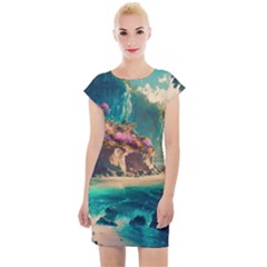 Tropical Island Fantasy Landscape Palm Trees Ocean Cap Sleeve Bodycon Dress by Pakemis