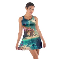 Tropical Island Fantasy Landscape Palm Trees Ocean Cotton Racerback Dress by Pakemis