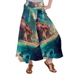 Tropical Island Fantasy Landscape Palm Trees Ocean Satin Palazzo Pants by Pakemis