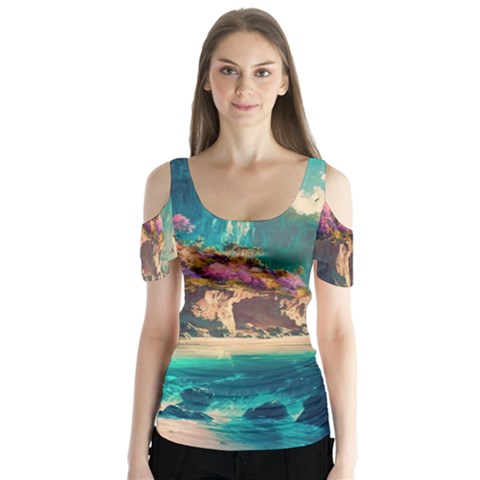 Tropical Island Fantasy Landscape Palm Trees Ocean Butterfly Sleeve Cutout Tee  by Pakemis