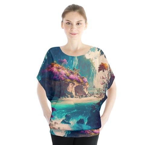 Tropical Island Fantasy Landscape Palm Trees Ocean Batwing Chiffon Blouse by Pakemis