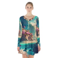 Tropical Island Fantasy Landscape Palm Trees Ocean Long Sleeve Velvet V-neck Dress