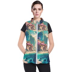 Tropical Island Fantasy Landscape Palm Trees Ocean Women s Puffer Vest by Pakemis