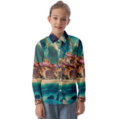 Tropical Island Fantasy Landscape Palm Trees Ocean Kids  Long Sleeve Shirt by Pakemis