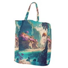 Tropical Island Fantasy Landscape Palm Trees Ocean Giant Grocery Tote by Pakemis