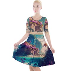 Tropical Island Fantasy Landscape Palm Trees Ocean Quarter Sleeve A-line Dress by Pakemis