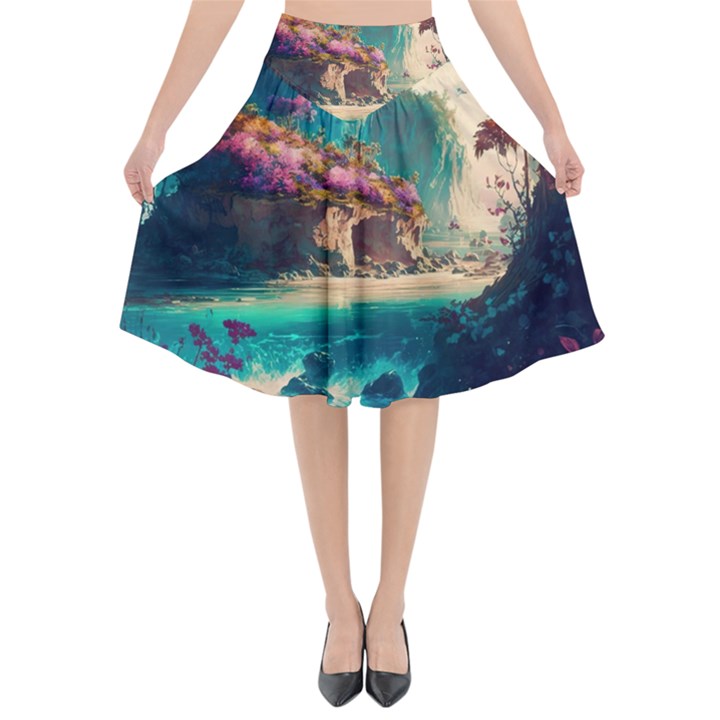 Tropical Island Fantasy Landscape Palm Trees Ocean Flared Midi Skirt